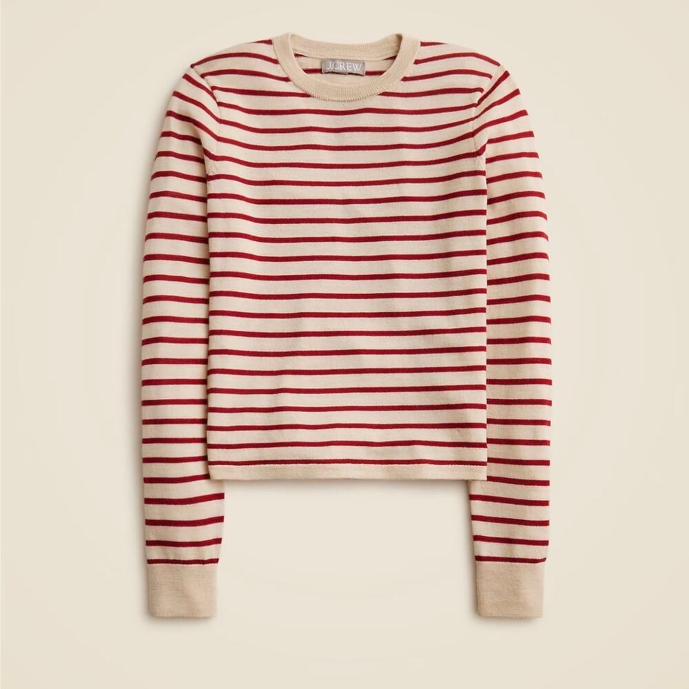 J.Crew Carolyn Fitted Crewneck Striped Sweater 100% Merino Wool Cream Red Preppy